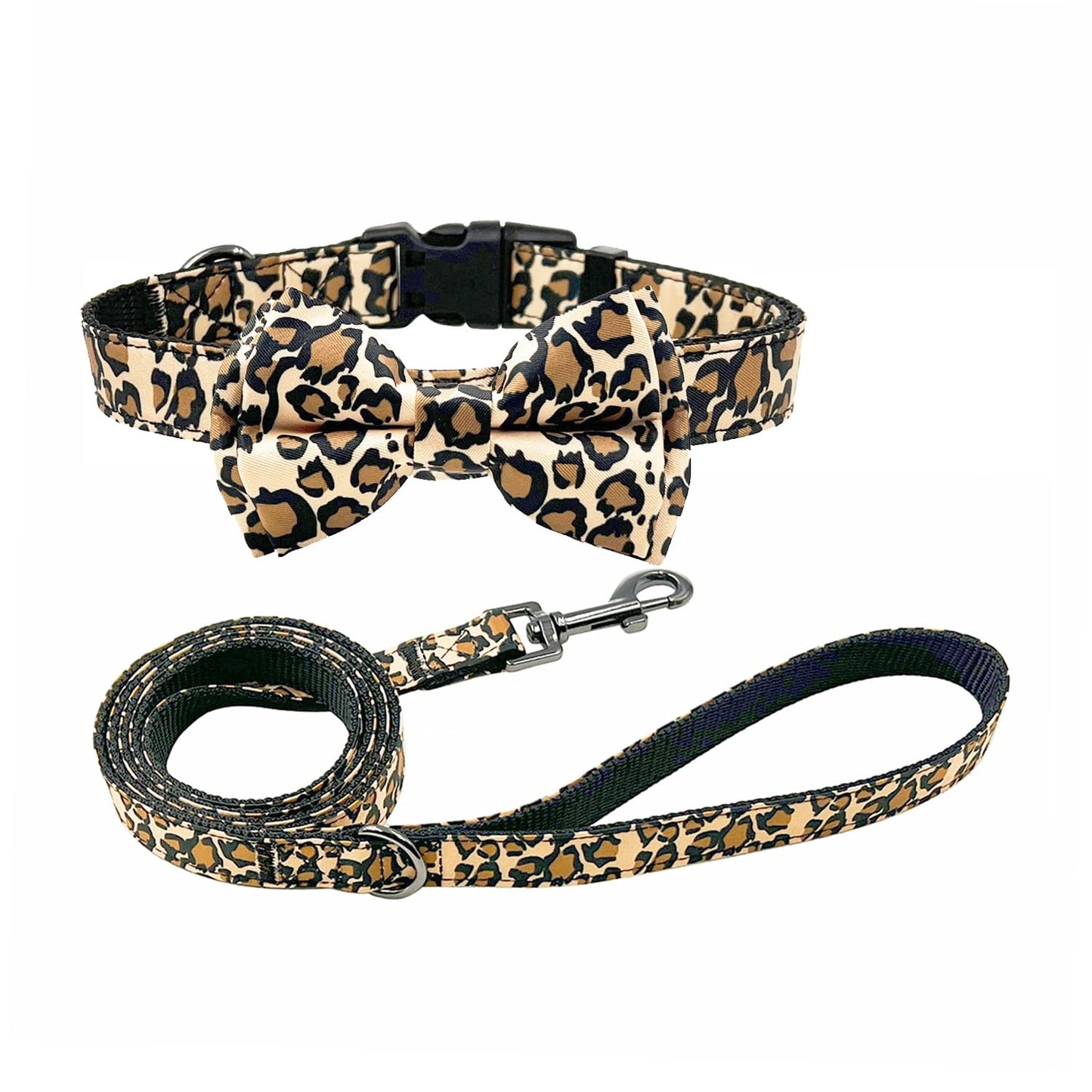 OLAHIBI DOG BOWTIE COLLAR AND LEASH COMBO SET, BROWN LEOPARD PATTERN,